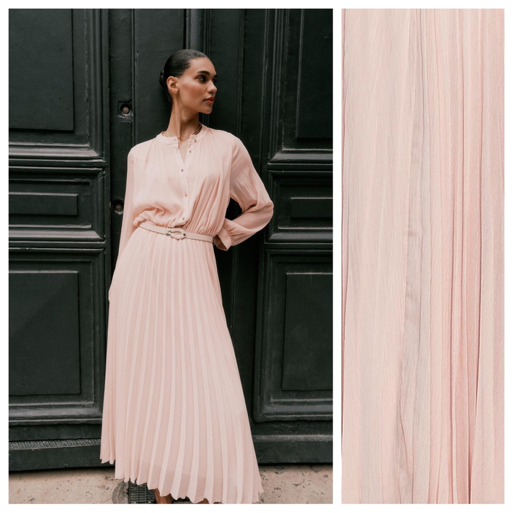 NWT. Zara Champagne Belted Pleated Midi Dress. Size M.
